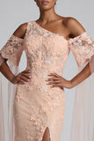Sparkly Peach Floral Mermaid Long Beaded Mother of the Bride Dress with Cape