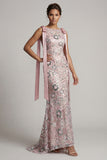 Long Beaded Boat Neck Mermaid Sparkly Pink Mother of the Bride Dress with Bows
