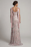 Long Beaded Boat Neck Mermaid Sparkly Pink Mother of the Bride Dress with Bows