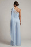 Ruffled One Shoulder Sky Blue Floral Long Mother of the Bride Jumpsuits with Lace