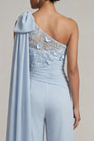 Ruffled One Shoulder Sky Blue Floral Long Mother of the Bride Jumpsuits with Lace
