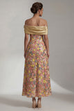 Sparkly Yellow Long Off the Shoulder A Line Mother of the Bride Dress with 3D Flower