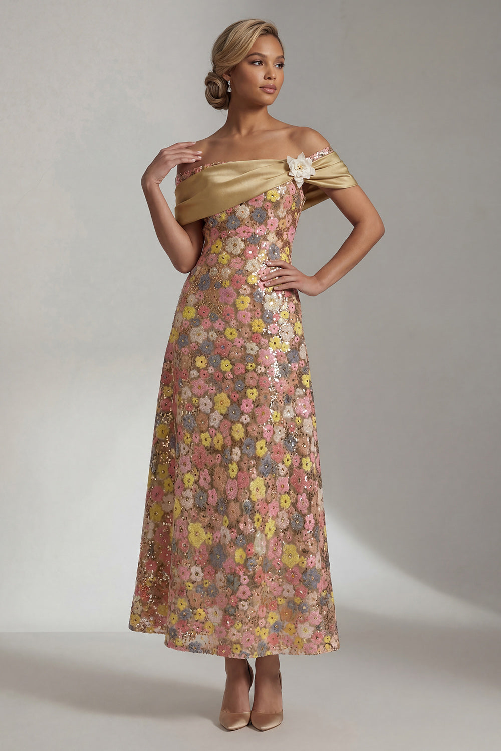 yellow dress for mother of the bride Zapaka Women Sparkly Yellow Floral Long Mother of the Bride Dress with 3D Flower Off the Shoulder A Line Wedding Guest Dress with Pockets, Yellow /