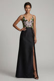 Black Long V-Neck Floral Mother of the Bride Dress with Slit