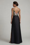 Black Long V-Neck Floral Mother of the Bride Dress with Slit