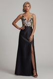 Black Long V-Neck Floral Mother of the Bride Dress with Slit