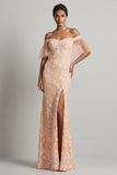 Long Beaded Sparkly Peach Floral Mermaid Mother of the Bride Dress with Slit
