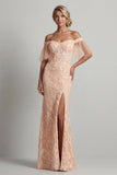 Long Beaded Sparkly Peach Floral Mermaid Mother of the Bride Dress with Slit