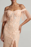 Long Beaded Sparkly Peach Floral Mermaid Mother of the Bride Dress with Slit