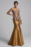 Strapless Floral Mermaid Sparkly Gold Long Mother of the Bride Dress with Sequins