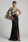 Black Floral Mermaid Long Mother of the Bride Dress with Side Cape