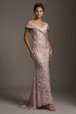 Sparkly Pink Long Off the Shoulder Mermaid Beaded Mother of the Bride Dress