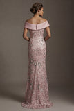 Sparkly Pink Long Off the Shoulder Mermaid Beaded Mother of the Bride Dress