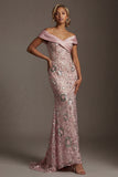 Sparkly Pink Long Off the Shoulder Mermaid Beaded Mother of the Bride Dress