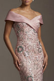 Sparkly Pink Long Off the Shoulder Mermaid Beaded Mother of the Bride Dress