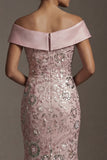 Sparkly Pink Long Off the Shoulder Mermaid Beaded Mother of the Bride Dress