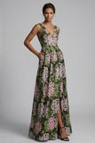 Dark Green V-Neck Floral Long A Line Mother of the Bride Dress with Pockets