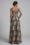 Dark Green V-Neck Floral Long A Line Mother of the Bride Dress with Pockets