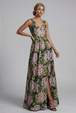 Dark Green V-Neck Floral Long A Line Mother of the Bride Dress with Pockets