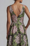 Dark Green V-Neck Floral Long A Line Mother of the Bride Dress with Pockets