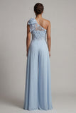 Sky Blue Floral Long One Shoulder Mother of the Bride Pantsuits with Bow