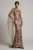 Sparkly Red Floral Mermaid Ruffled Sequin Long Mother of the Bride Dress with Side Cape