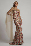 Sparkly Red Floral Mermaid Ruffled Sequin Long Mother of the Bride Dress with Side Cape