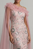 Sparkly Pink Ruffled Mermaid Beaded Long Mother of the Bride Dress with Cape