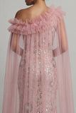 Sparkly Pink Ruffled Mermaid Beaded Long Mother of the Bride Dress with Cape