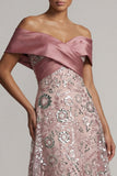 Sparkly Pink A Line Long Off the Shoulder Beaded Mother of the Bride Dress