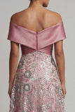 Sparkly Pink A Line Long Off the Shoulder Beaded Mother of the Bride Dress