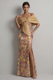 Sparkly Yellow Floral Mermaid Long Mother of the Bride Dress with Slit