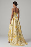 Yellow A Line Spaghetti Straps High Low Floral Dress
