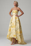 Yellow A Line Spaghetti Straps High Low Floral Dress
