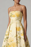 Yellow A Line Spaghetti Straps High Low Floral Dress