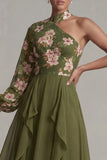 Eucalyptus One Shoulder Floral Halter A Line Ruffled Mother of the Bride Dress