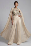 Champagne Applique Ruched Round Neck Mother Outfit with Cape