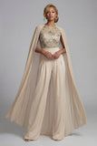 Champagne Applique Ruched Round Neck Mother Outfit with Cape