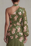 Eucalyptus Halter Mermaid One Shoulder Mother of the Bride Dress with Long Sleeves