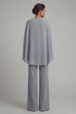 Grey Blue Appliqued Halter Mother of the Bride Jumpsuit with Cape