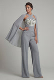 Grey Blue Appliqued Halter Mother of the Bride Jumpsuit with Cape