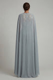 Grey Blue Appliqued Round Neck Motherof the Bride Jumpsuit with Cape