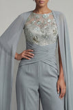 Grey Blue Appliqued Round Neck Motherof the Bride Jumpsuit with Cape