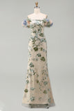 Off the Shoulder Mermaid Dusty Sage Sequin Mother of the Bride Dress with 3D Flowers