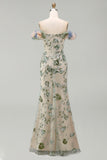Off the Shoulder Mermaid Dusty Sage Sequin Mother of the Bride Dress with 3D Flowers