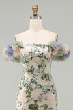 Off the Shoulder Mermaid Dusty Sage Sequin Mother of the Bride Dress with 3D Flowers