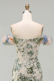 Off the Shoulder Mermaid Dusty Sage Sequin Mother of the Bride Dress with 3D Flowers