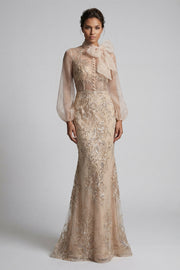 Champagne High Neck Mermaid Appliqued Mother of the Bride Dress with Bow