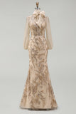 Champagne High Neck Mermaid Appliqued Mother of the Bride Dress with Bow