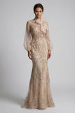 Champagne High Neck Mermaid Appliqued Mother of the Bride Dress with Bow